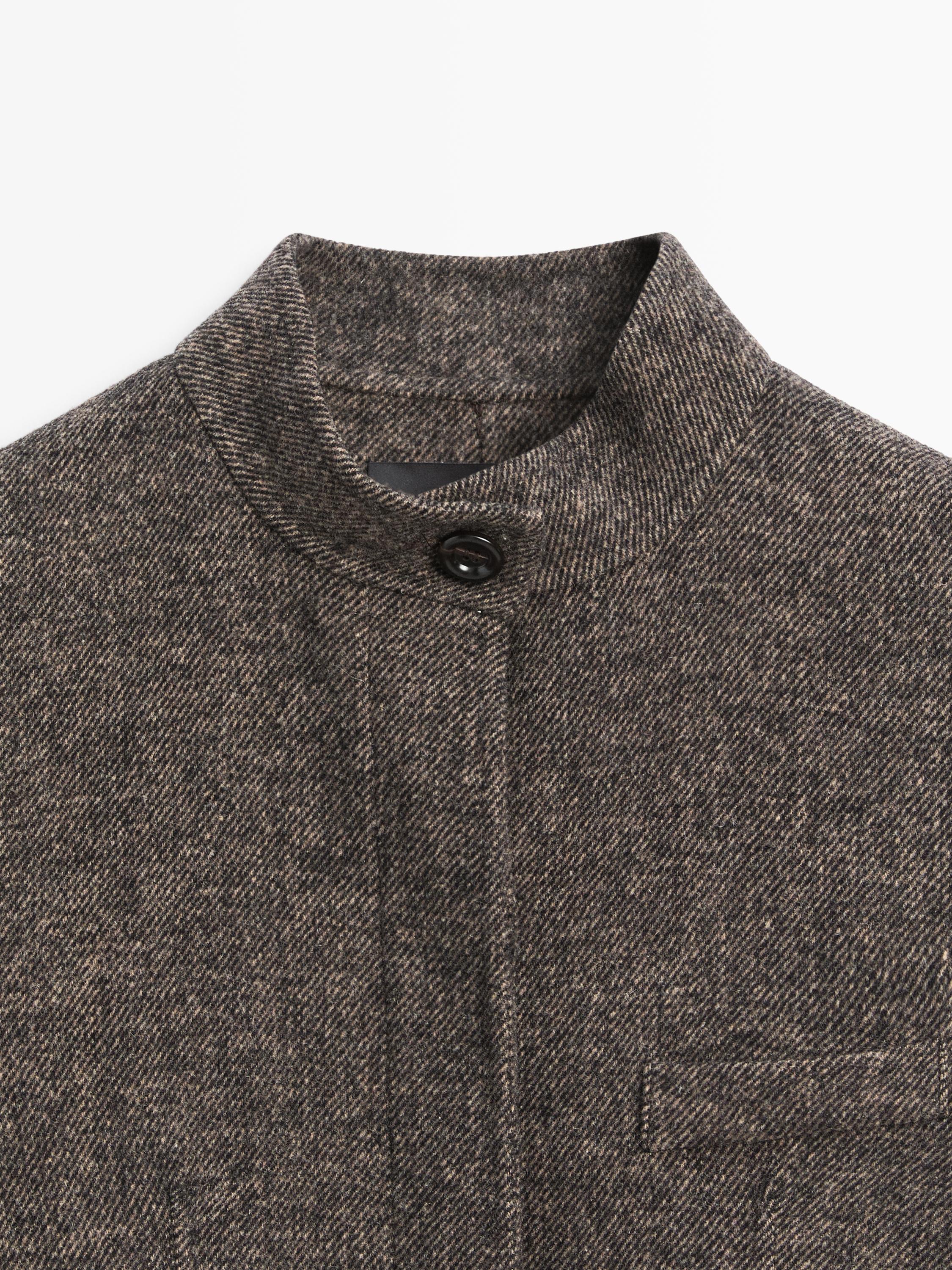 Wool blend twill coat with high collar